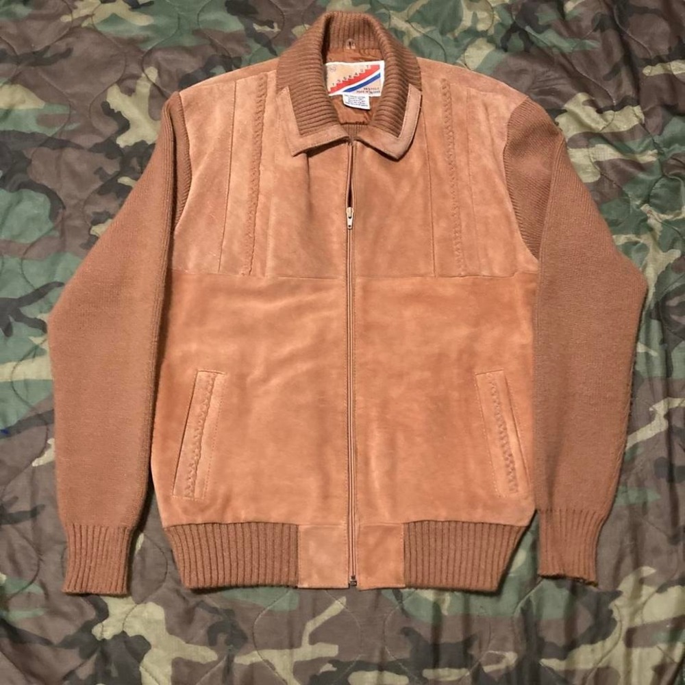 155East suede bomber jacket‎ knit trim vintage 80s/90s full zip size XL/22